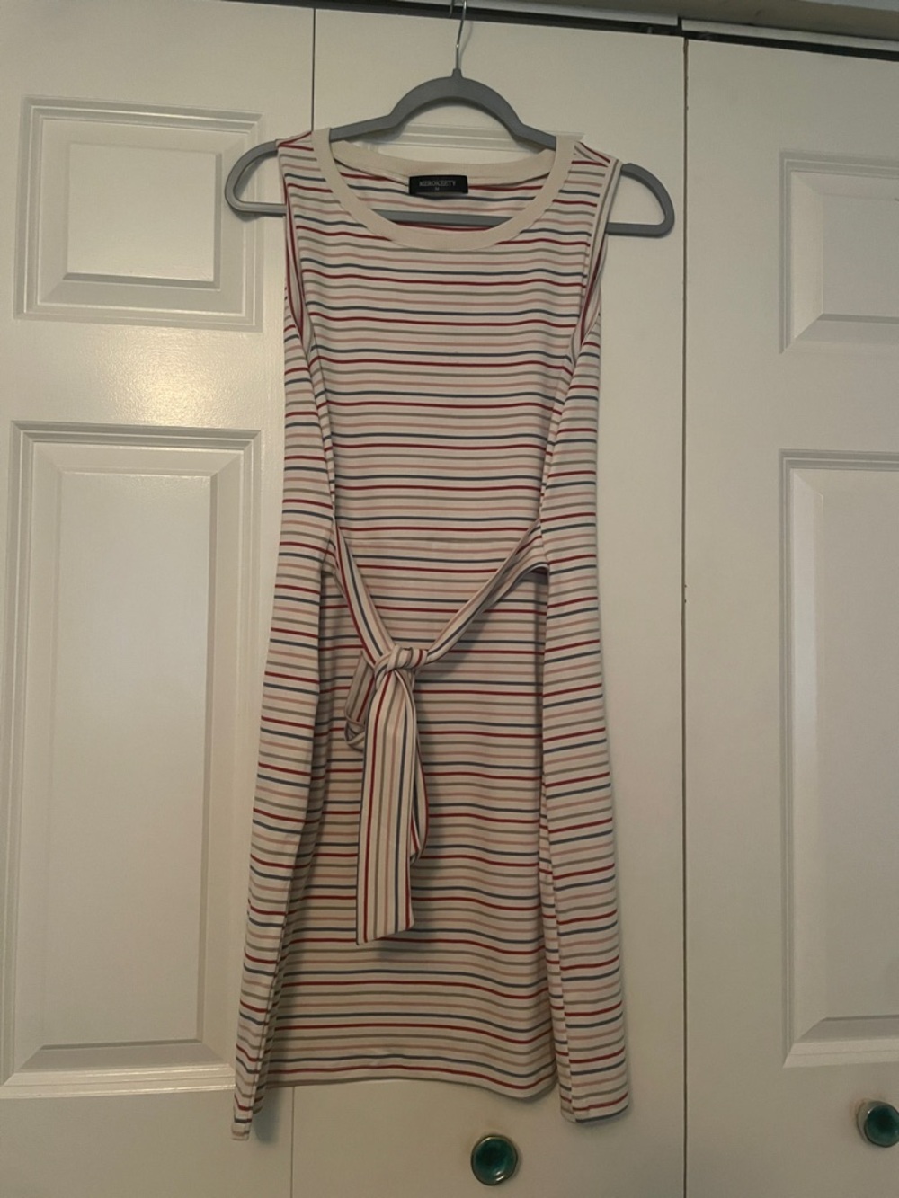 Cream Dress with Multicolor Stripes and Tie Waist